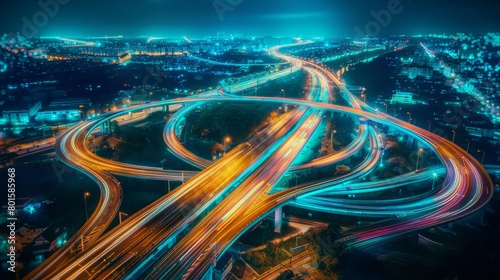 Timelapse shot of light trails from cars on a busy highway expressway at night, capturing the vibrant energy of urban transportation