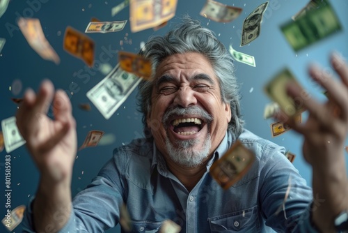 A happy middle - aged latino man is throwing dollars money into the air. Man won the jackpot in the lottery.