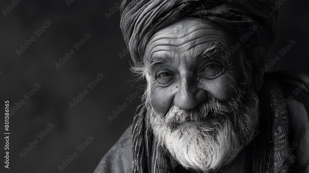 Classic monochrome portrait of an old man smiling.