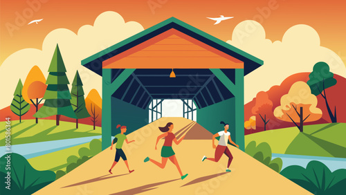 Runners crossing a covered bridge reminiscent of the olden days when America was still building its identity.. Vector illustration
