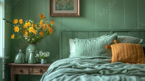 Yellow Flowers in Vase by Bed photo