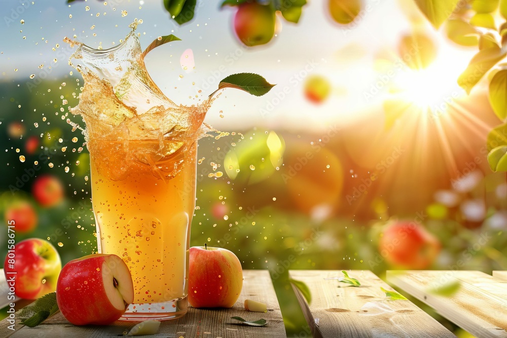 Fresh Apple Juice Splashing In Sunset Summer Background With White Wood fresh-apple-juice-splashing-in-sunset-summer-background-with-white-wood
