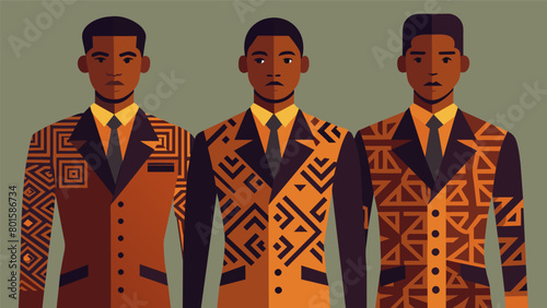 A group of male models sporting tailored suits made of traditional Adinkra cloth showcasing the fusion of African and Western fashion.. Vector illustration