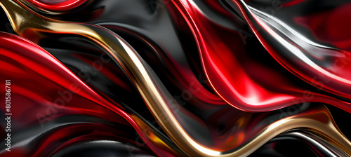 A dynamic abstract background with bold geometric shapes and fluid curves in vivid scarlet red, black, and gold, resembling a high-definition photograph