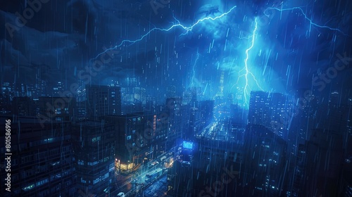 Spectacular thunderstorm with bright flashes and heavy rain in nocturnal urban scene