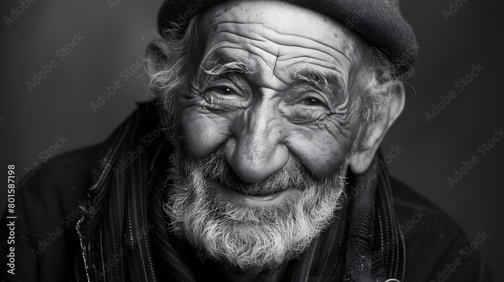 Classic monochrome portrait of an old man smiling.