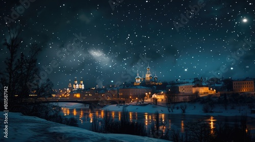 Russian night sky with cityscape