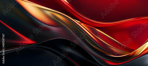 A dynamic abstract background with bold geometric shapes and fluid curves in vivid scarlet red, black, and gold, resembling a high-definition photograph