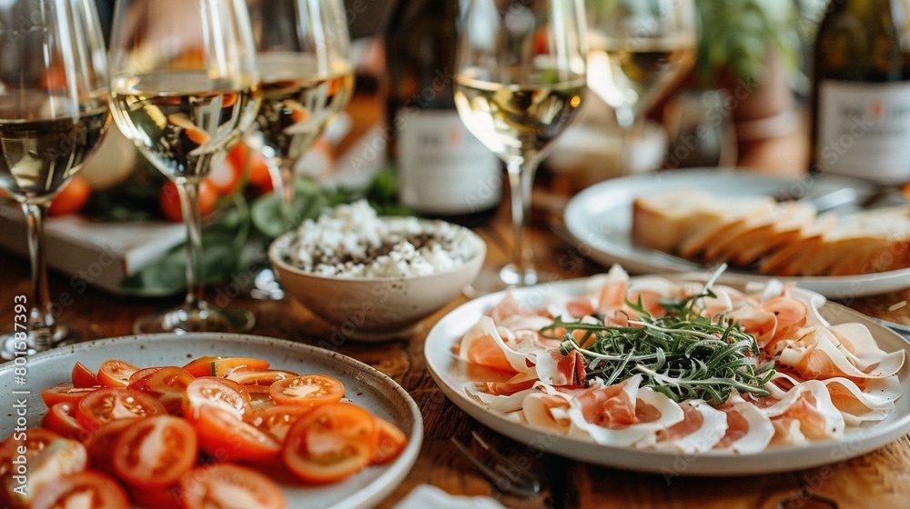   Close-up of a plate of food on a table with wine glasses and bottles of wine in the background