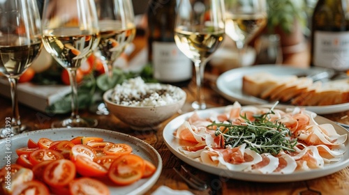  Close-up of a plate of food on a table with wine glasses and bottles of wine in the background