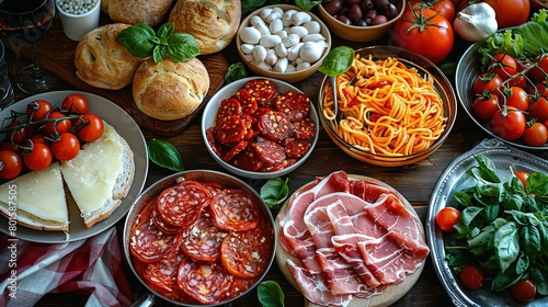  A wooden table holds dishes of meat, vegetables, and plates