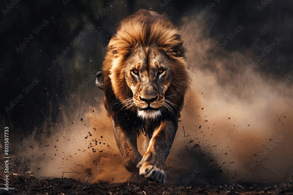 Fototapeta premium A lion in a dynamic running pose at night, showing motion blur, dust flying, and detailed texture.