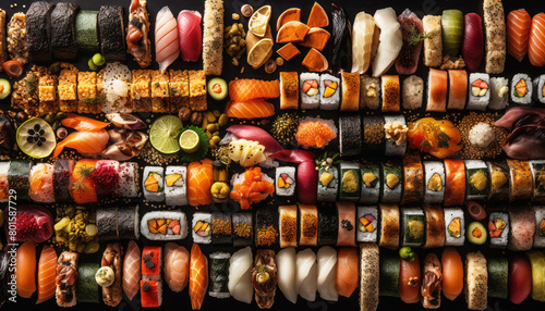 Top view of various Japanese Sushi on the dark black background. Food and cuisine concept. Nutrition and vitamin theme. Generative AI