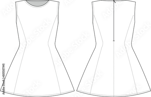sleeveless zippered round neck crew neck princess darted short mini a-line dress template technical drawing flat sketch cad mockup fashion woman design style model

