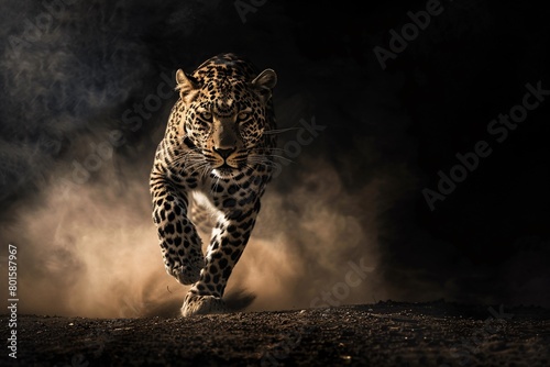 High-speed photograph of a leopard running in darkness, with dust and motion blur captured.