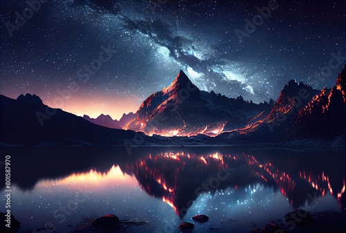 Starry night landscape with mountain and milky way sky background. Beauty in nature and Astrology science concept. Digital art fantasy illustration. Generative AI © World
