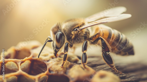 Detailed close-up of a honeybee collecting nectar on a golden honeycomb. The image highlights the intricate work of bees in a warm, natural backlight setting photo