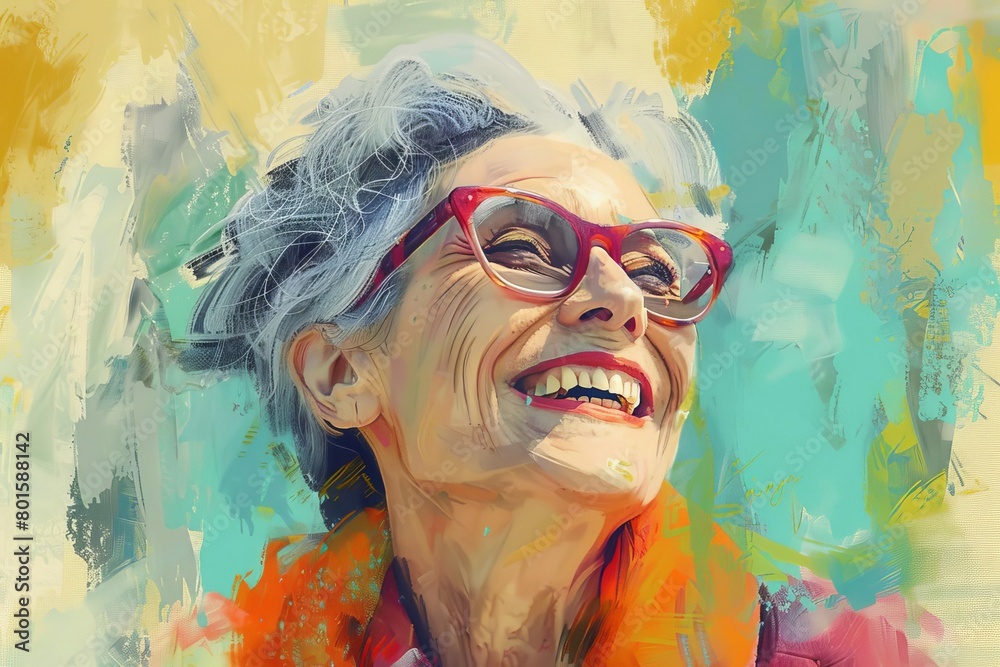 happy smiling mature woman radiating positivity digital painting