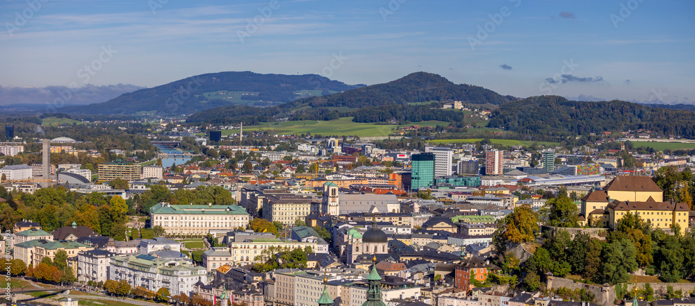 Aerial Panoramic View of the historic city of Salzburg , Austria.