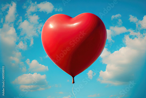 Red balloon in heart shape flying on the air with blue sky background. Valentines day concept. Generative AI