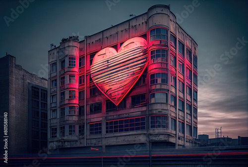 The red heart neon lighting symbol is in front of a building on the main road in the city background. Sign and symbol concept. Digital art illustration. Generative AI photo