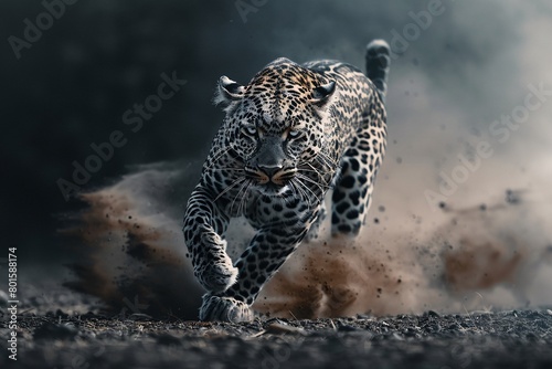 Leopard running fast in the dark, dust flying, motion blur visible, low light, dynamic pose. photo