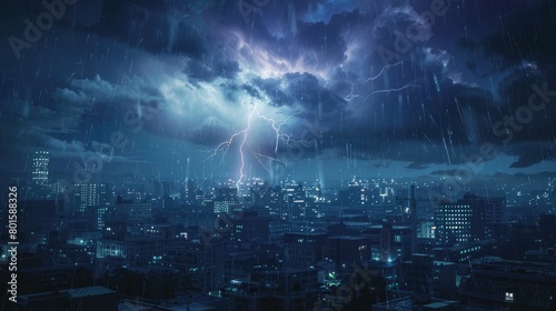 Spectacular thunderstorm with bright flashes and heavy rain in nocturnal urban scene photo