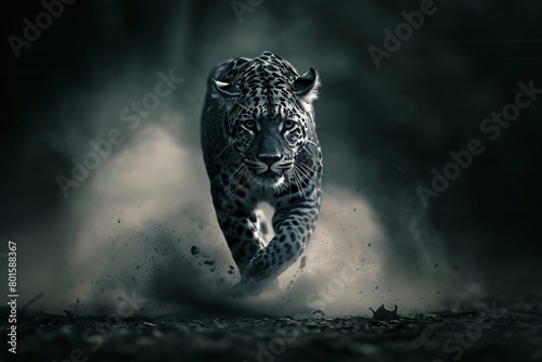 High-speed photograph captures a panther sprinting in dim lighting, dust clouds billowing, showcasing dramatic motion.