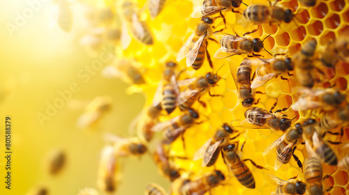 Close-up image of honeybees working on a honeycomb filled with golden honey, highlighting the intricate structures and teamwork of apis mellifera in their natural habitat