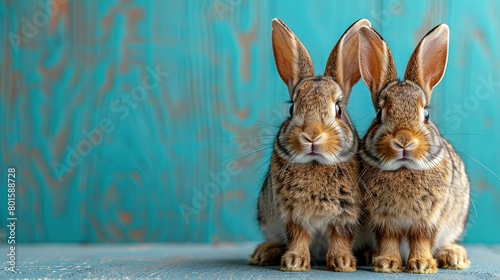   Two rabbits sit adjacent to the blue wooden wall and behind the wooden planked wall © Anna