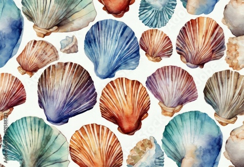  shells sea pattern background seamless watercolor lines Shell Design Ocean Summer White Art Set Spiral Tropical Animal Water Beach Travel Isolated Nature 