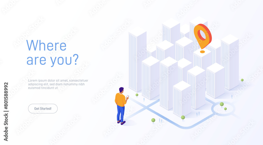 Location tracking concept isometric vector illustration. Choosing shortest road. Isometric illustration with man getting direction to point in city with mobile phone. Location tracking concept isometric vector illustration. Choosing shortest road. Isometric illustration with man getting direction to point in city with mobile phone.