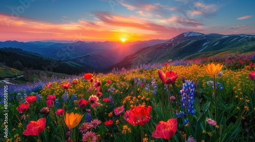 A beautiful field of flowers with a bright orange sun in the sky. The sun is setting behind the mountains in the background