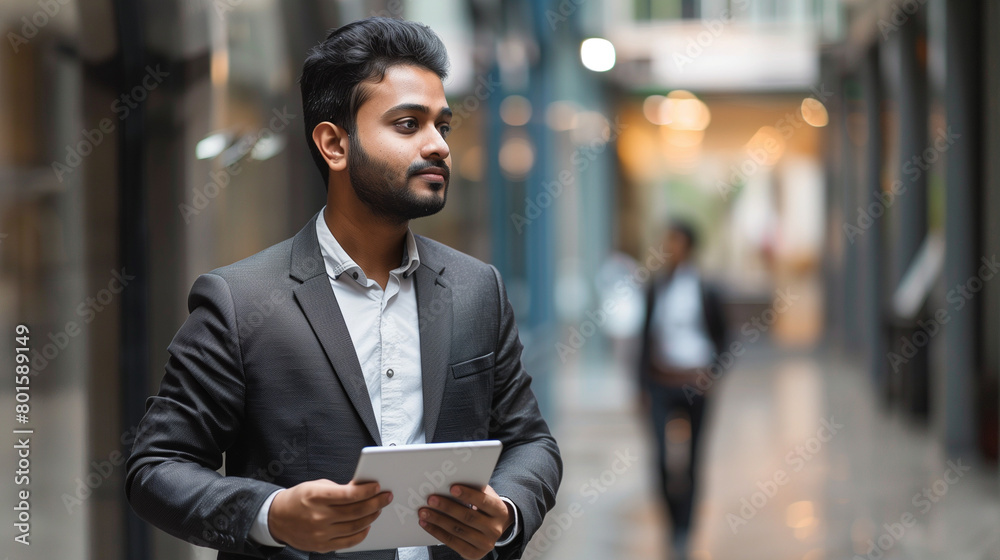
Busy Indian business man project manager looking away holding digital tablet walking in office. Professional businessman entrepreneur going in hallway holding tab working using tab computer.