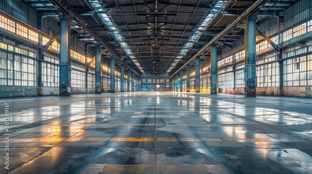 A large, empty warehouse with a lot of windows. The space is very open and empty, with a lot of natural light coming in from the windows. The emptiness of the space gives it a feeling of emptiness A large, empty warehouse with a lot of windows. The space is very open and empty, with a lot of natural light coming in from the windows. The emptiness of the space gives it a feeling of emptiness