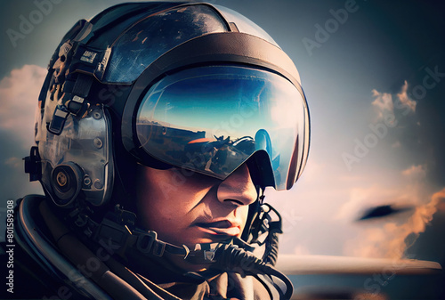 Head shot of fighter pilot flying on the high sky in the airspace for national defense or world war. Portrait of soldier. Generative AI