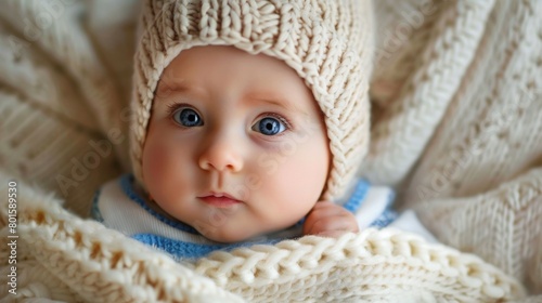 A wide-eyed baby wrapped in a warm blanket wearing a cozy knitted hat.