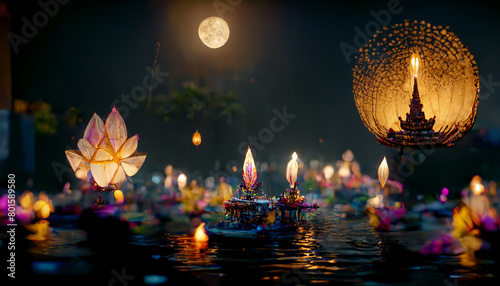 Loy Krathong festival with colorful candles light and full moon in Thailand background. Floating ritual banana leaves vessel or lamp and lotus flower into the water traditional. Generative AI photo