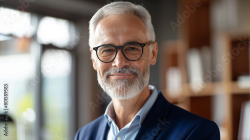 Happy mid aged older business man executive standing in office. Smiling 50 year old mature confident professional manager, confident businessman investor looking at camera, headshot close up portrait. © Muhammad