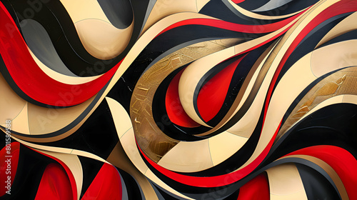 A high-definition camera technique showcasing a dynamic abstract scene with bold geometric lines and fluid curves in a palette of scarlet, black, and gold