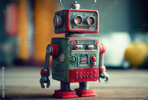Retro tin robot toy on the minimal background. Playful and fun concept. Generative AI