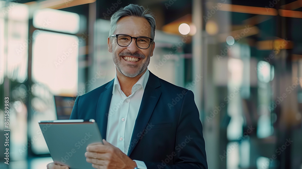 Portrait of happy smiling 45 years old business man executive standing in office using digital tablet. Middle aged businessman manager wearing suit glasses working on professional financial project Portrait of happy smiling 45 years old business man executive standing in office using digital tablet. Middle aged businessman manager wearing suit glasses working on professional financial project