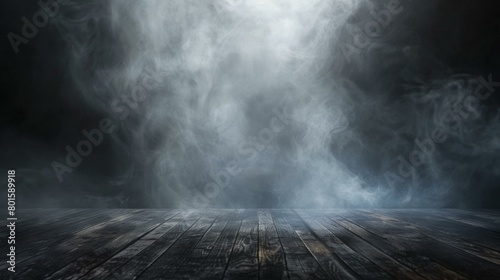 Mysterious empty dark wooden stage with swirling fog, ideal for dramatic product reveals or theatrical performances, copy space.