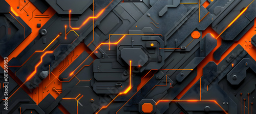 A high-definition camera style image of modern abstract wallpaper with crisp lines and geometric shapes in charcoal grey and neon orange photo