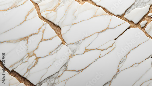 A white marble floor with cracks and gold trim