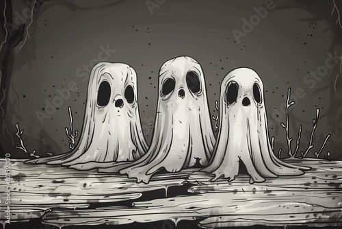 Sad ghost family. Three ghost, dressed in a long gown, photo