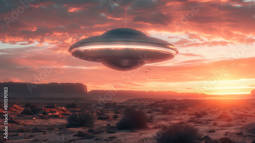 an enigmatic spacecraft of alien origin materializes above the desert expanse, its presence casting an aura of mystery and intrigue.