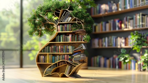 Artistic tree-shaped bookshelf adorned with green foliage and a spectrum of books. photo