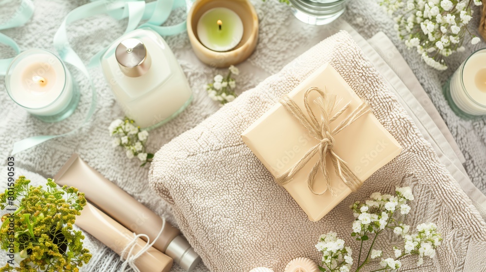 Luxury Spa: A beautifully arranged spa accompanied by spa essentials like candles and aromatherapy oils Luxury Spa: A beautifully arranged spa accompanied by spa essentials like candles and aromatherapy oils