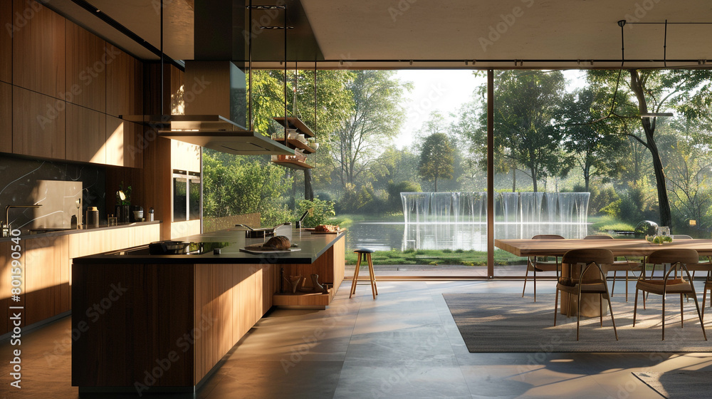 Discover a modern kitchen with sleek, handleless cabinetry, a waterfall island, and a stunning floor-to-ceiling window overlooking a serene garden.